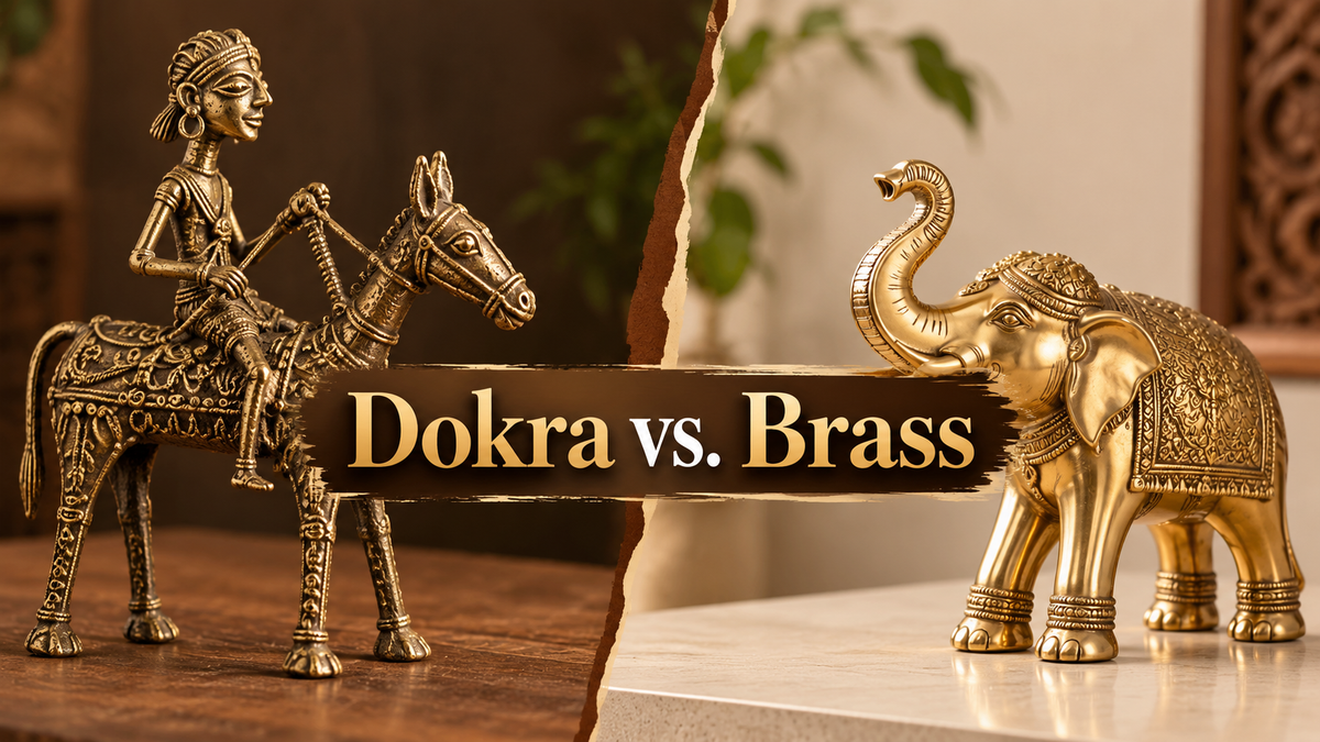 Dokra vs. Brass comparison illustration with a textured metal rider on horseback and a polished golden elephant