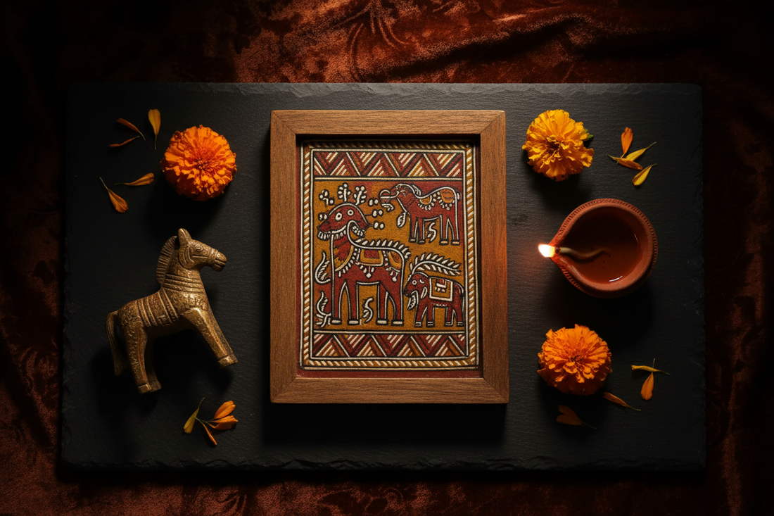 a warm, premium flat-lay of Sohrai art, a Dokra brass figurine, and a diya on a dark earthy background: