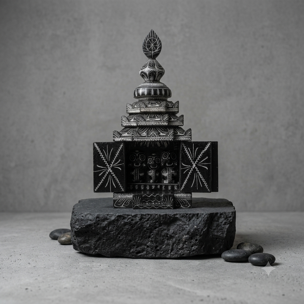 Jagannath Miniature Temple in Black Stone | 8 Inch | Handcrafted Odisha Stone Sculpture