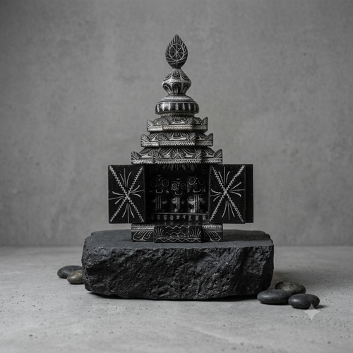Hand-carved black stone Jagannath temple, 8 inch, from Odisha, by Kalavan
