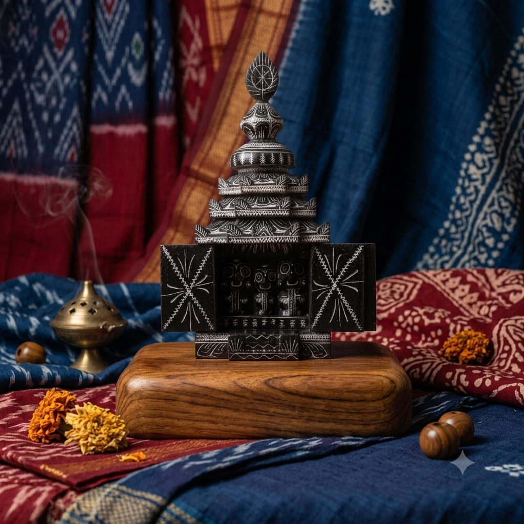 Jagannath Miniature Temple in Black Stone | 8 Inch | Handcrafted Odisha Stone Sculpture