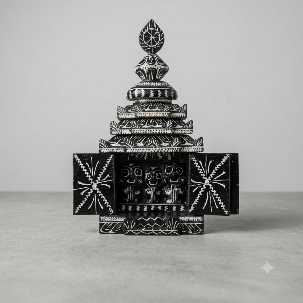 Jagannath Miniature Temple in Black Stone | 8 Inch | Handcrafted Odisha Stone Sculpture