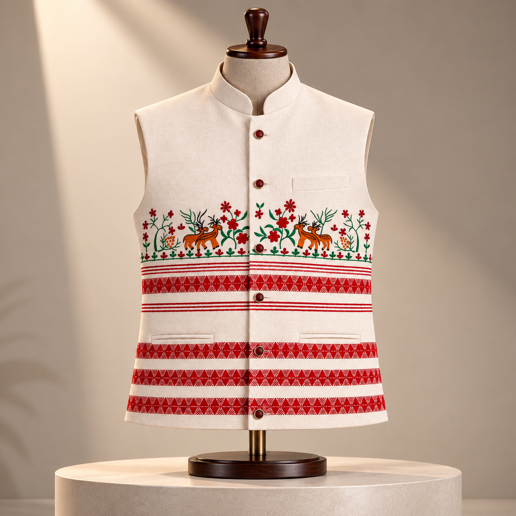 Handcrafted Tribal Embroidered Bandi | Ivory Nehru Jacket
