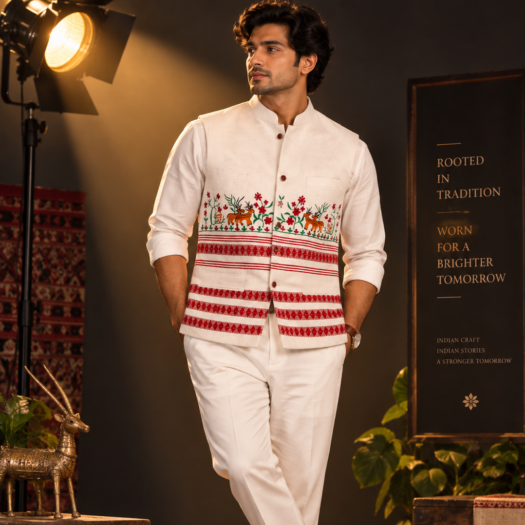 Handcrafted Tribal Embroidered Bandi | Ivory Nehru Jacket