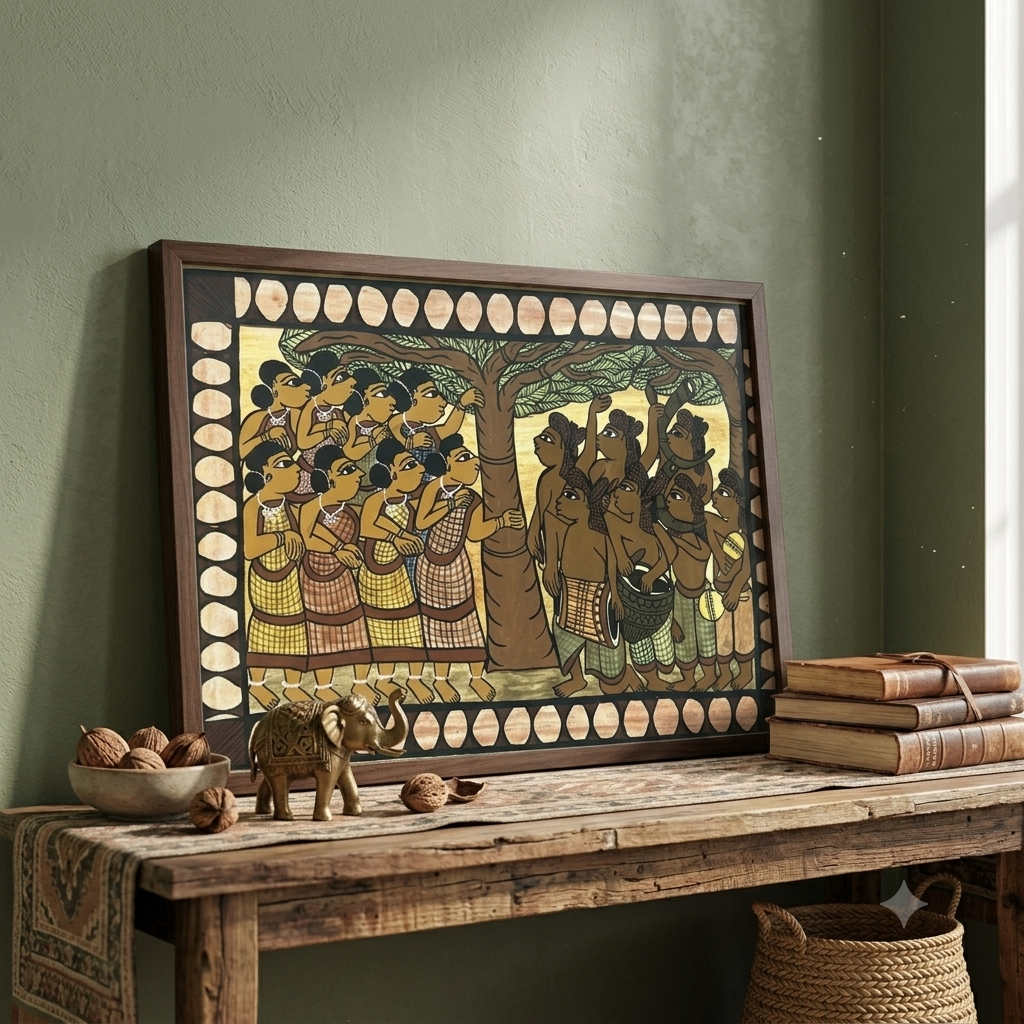 Authentic Paitkar Tribal Painting | Handmade Folk Art from Jharkhand | Framed Wall Decor | 18 x 13 Inches