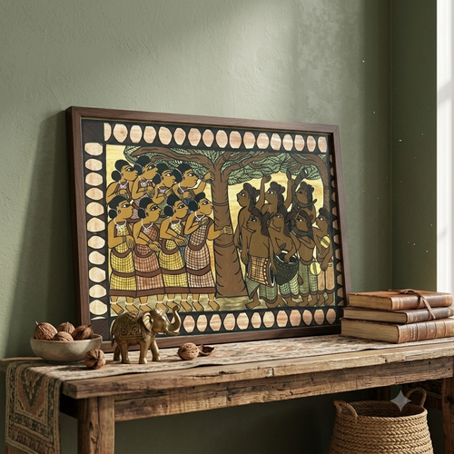 Authentic Paitkar Tribal Painting | Handmade Folk Art from Jharkhand | Framed Wall Decor | 18 x 13 Inches