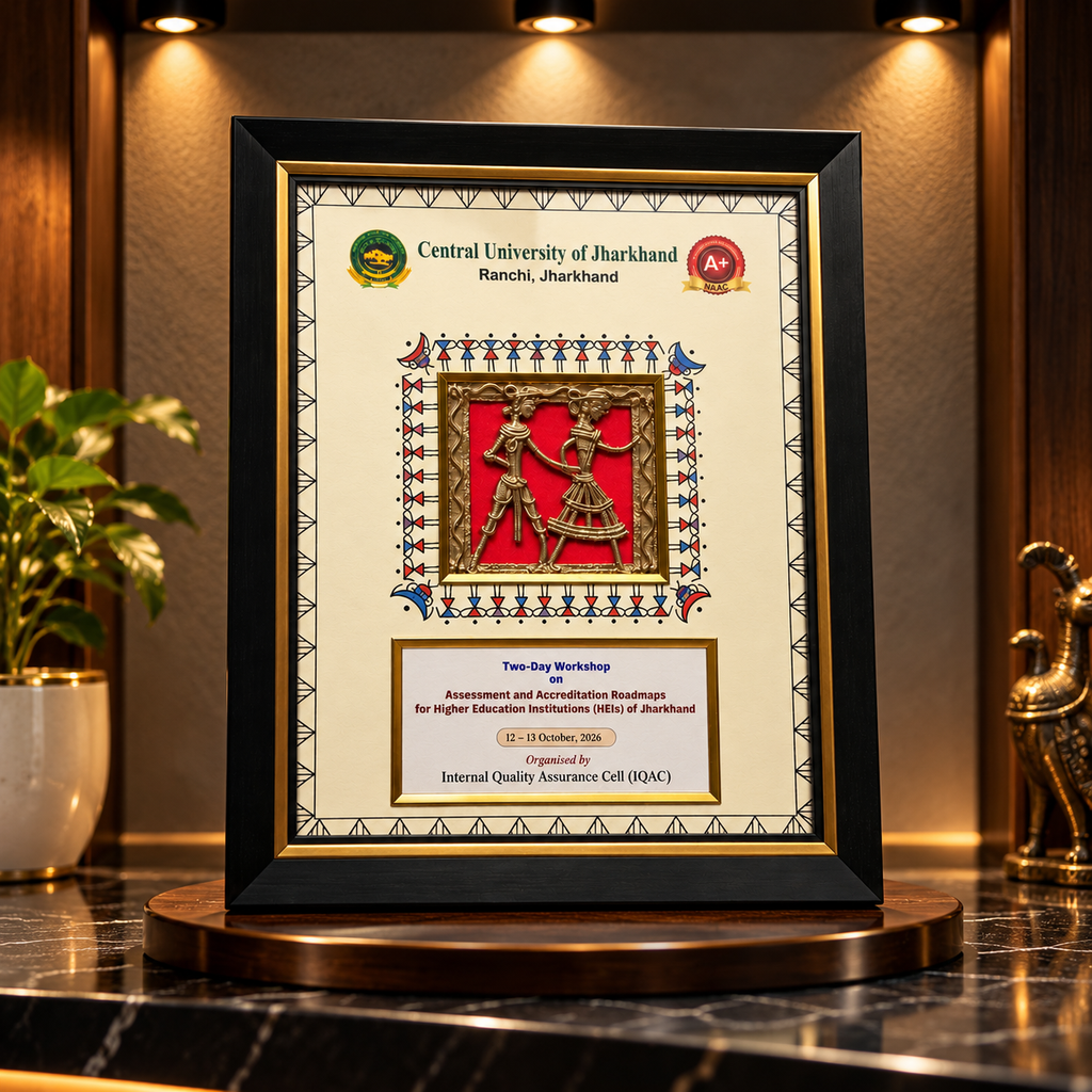 Customizable Dokra-inspired tribal art frame by Kalavan for bulk corporate gifting, featuring a black-and-gold frame and space for company logo or event branding.