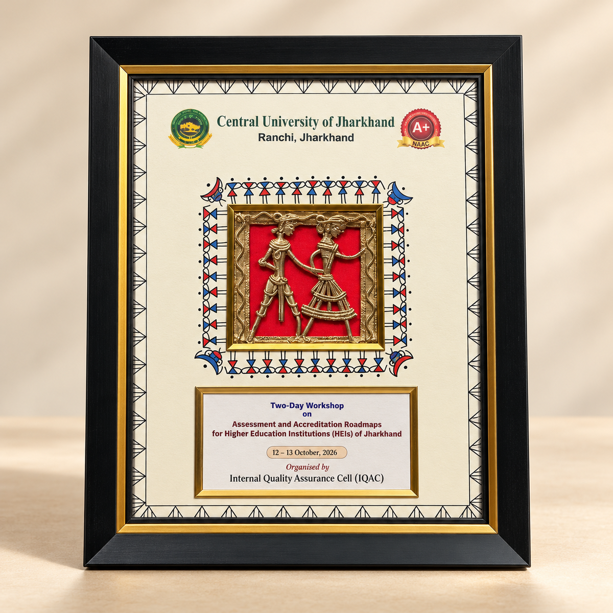 Customizable Dokra-inspired tribal art frame by Kalavan for bulk corporate gifting, featuring a black-and-gold frame and space for company logo or event branding.