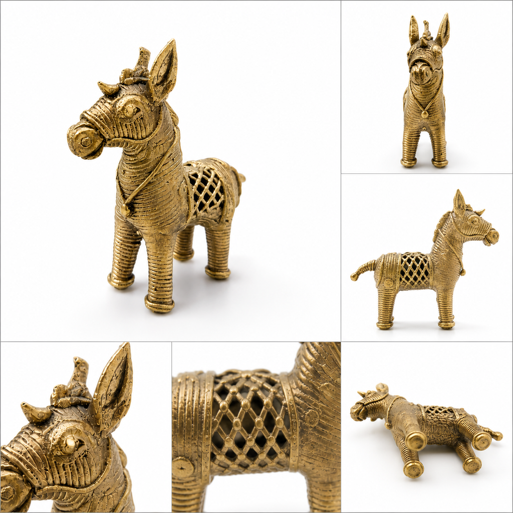 Handmade Dokra Horse Figurine – Traditional Tribal Brass Art (3 x 4 Inch)