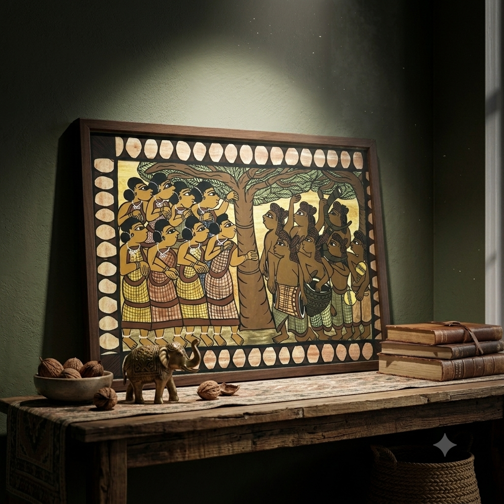 Authentic Paitkar Tribal Painting | Handmade Folk Art from Jharkhand | Framed Wall Decor | 18 x 13 Inches