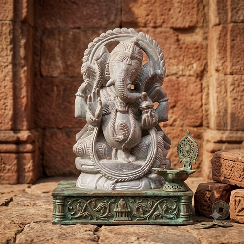 8 Inch Red Stone Lord Ganesha Idol – Handcrafted Natural Stone Ganesh Statue for Home Temple, Office & Décor