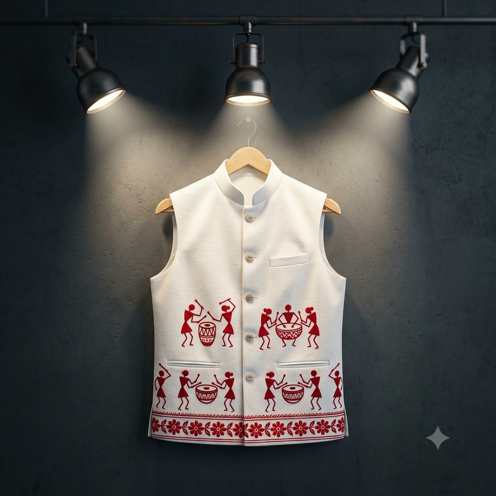 Tribal Legacy Bandi | Handcrafted White Cotton Blend Bandi with Red Tribal Embroidery