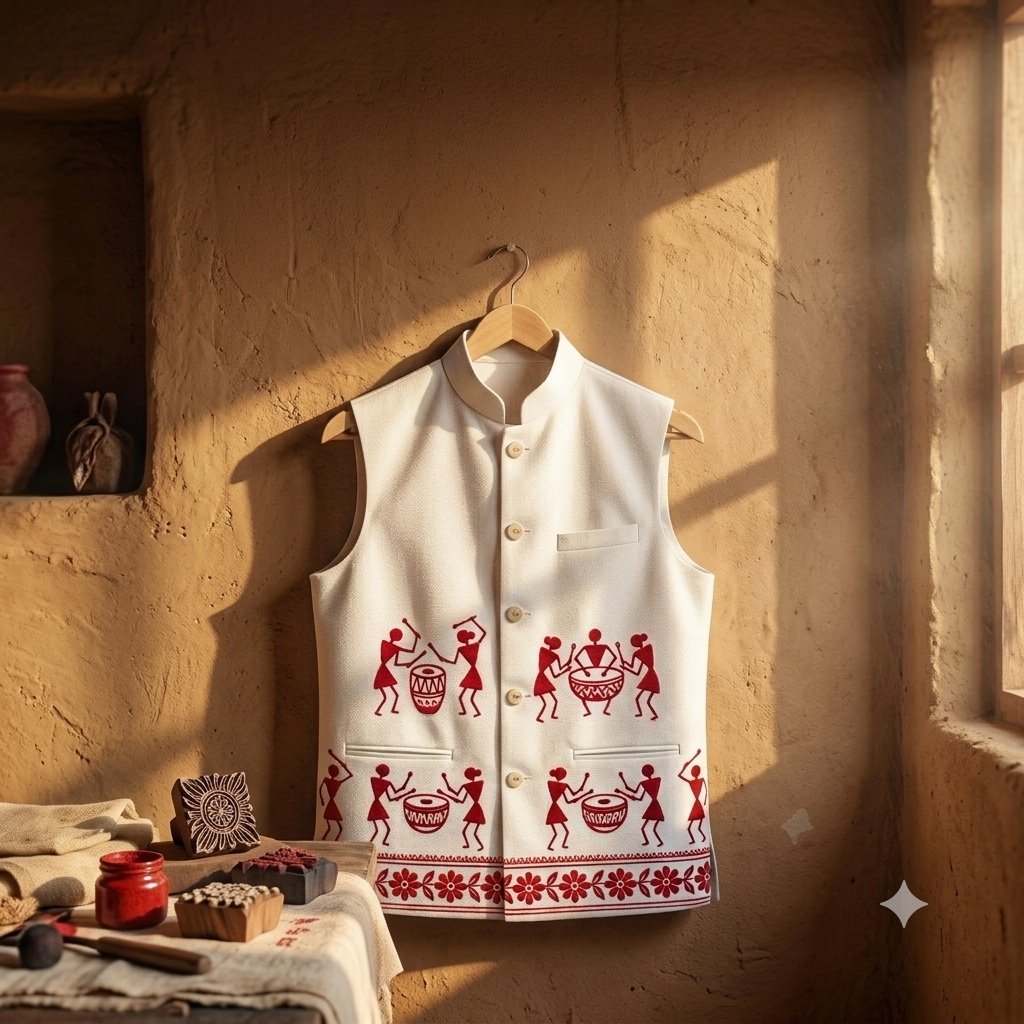 Tribal Legacy Bandi | Handcrafted White Cotton Blend Bandi with Red Tribal Embroidery