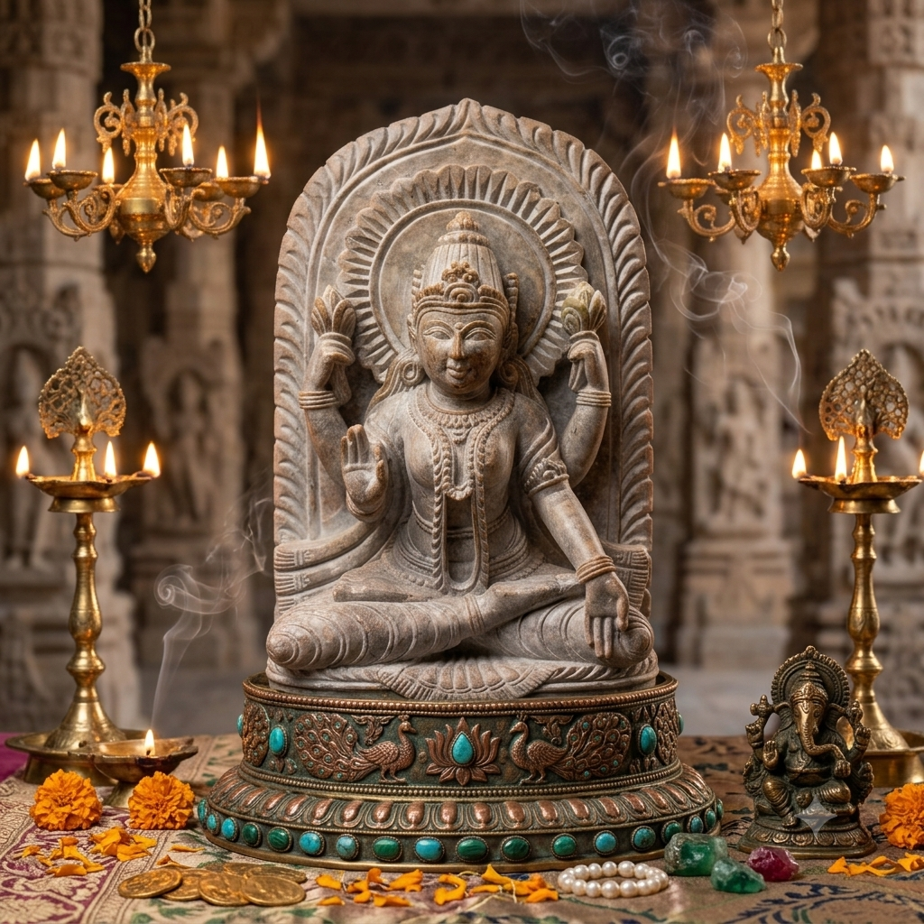 Handcrafted Red Stone Goddess Lakshmi Statue | Sitting on Lotus | Natural Red Sandstone Puja Idol & Home Décor