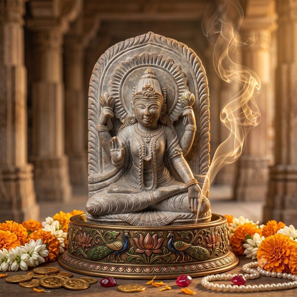 Handcrafted Red Stone Goddess Lakshmi Statue | Sitting on Lotus | Natural Red Sandstone Puja Idol & Home Décor