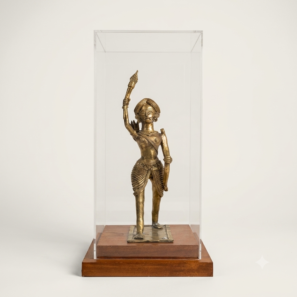 Handcrafted Dokra Birsa Munda Statue in Acrylic Display Case | Brass Tribal Heritage Sculpture | Bastar Art