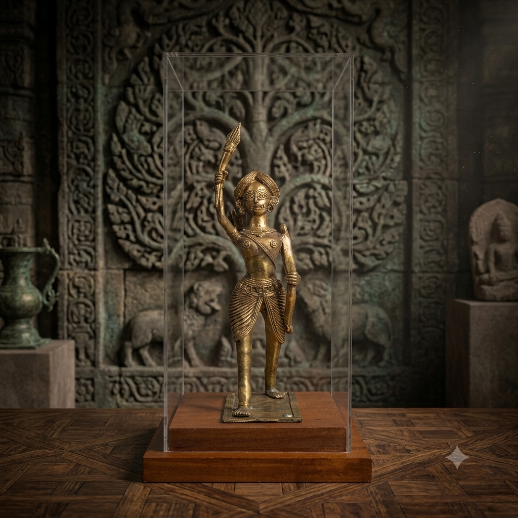 Handcrafted Dokra Birsa Munda Statue in Acrylic Display Case | Brass Tribal Heritage Sculpture | Bastar Art