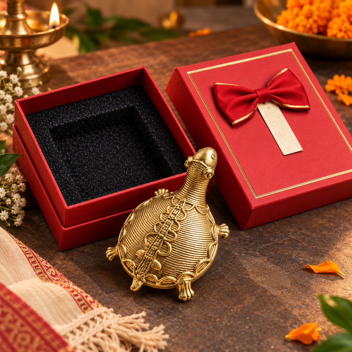 Dokra brass turtle figurine with red Diwali gift box and satin bow, by Kalavan