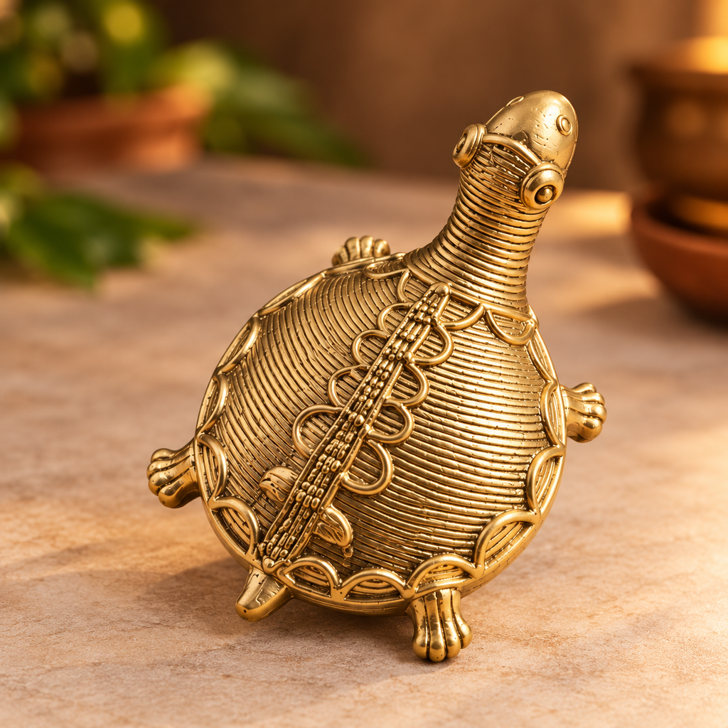 Dokra brass turtle figurine with red Diwali gift box and satin bow, by Kalavan
