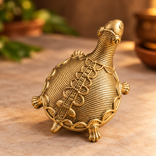 Dokra brass turtle figurine with red Diwali gift box and satin bow, by Kalavan