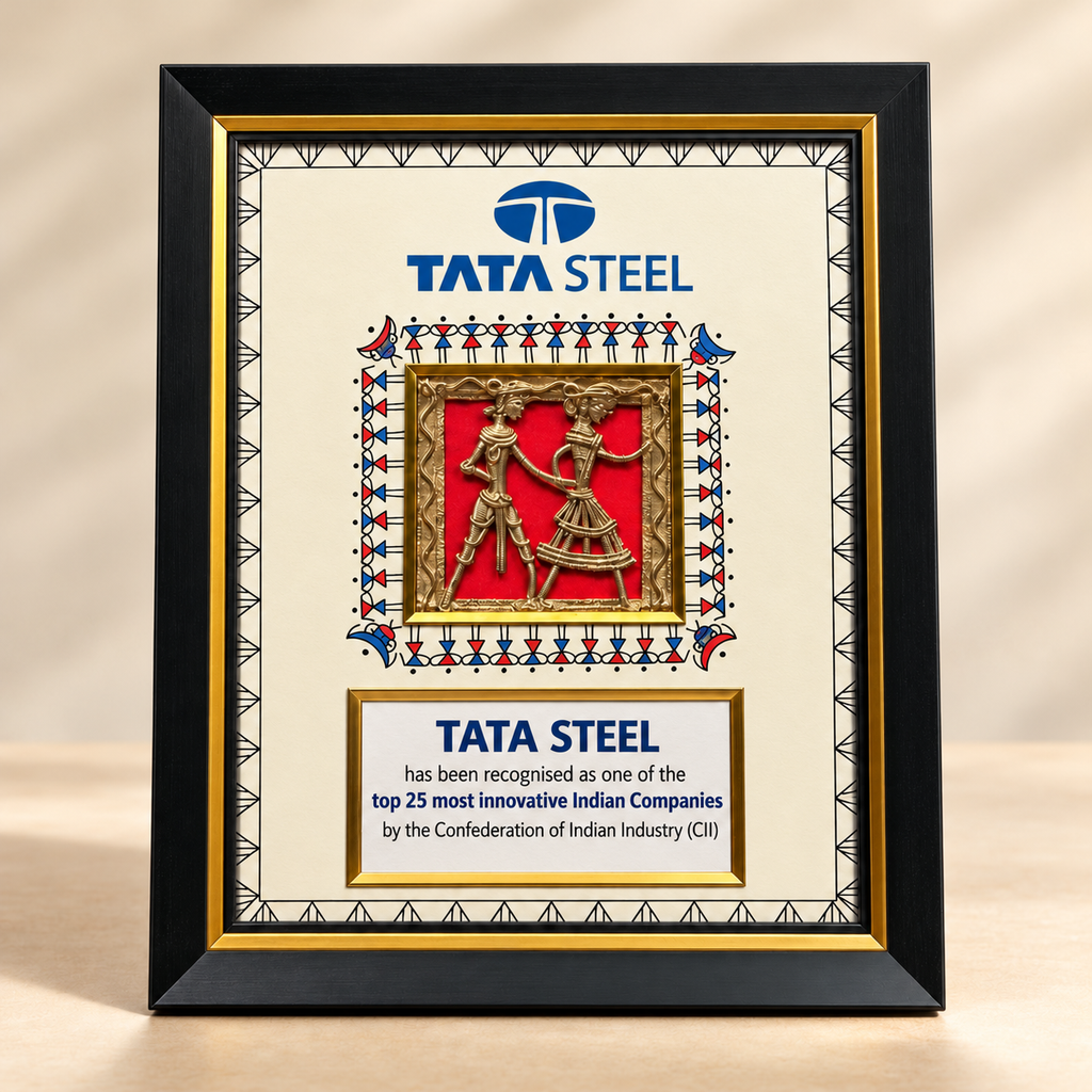 Customizable Dokra-inspired tribal art frame by Kalavan for bulk corporate gifting, featuring a black-and-gold frame and space for company logo or event branding.