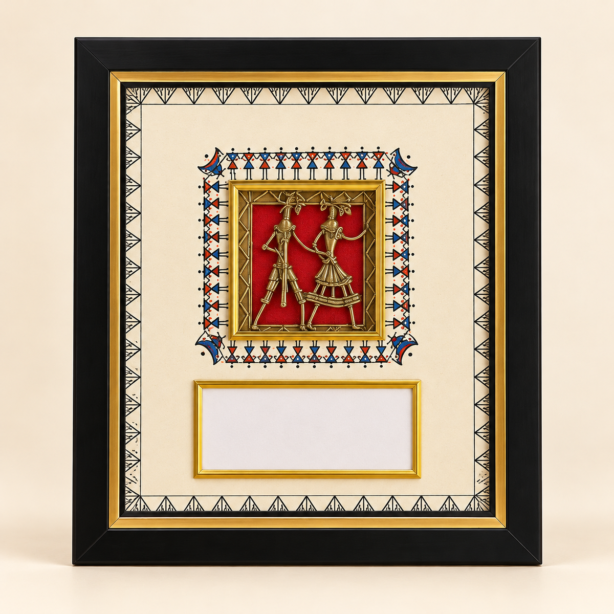 Customizable Dokra-inspired tribal art frame by Kalavan for bulk corporate gifting, featuring a black-and-gold frame and space for company logo or event branding.