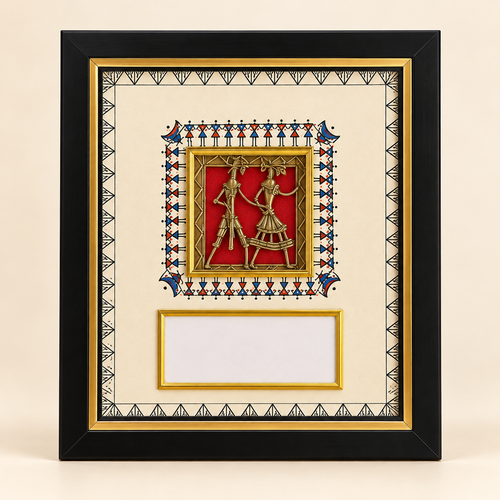 Customizable Dokra-inspired tribal art frame by Kalavan for bulk corporate gifting, featuring a black-and-gold frame and space for company logo or event branding.