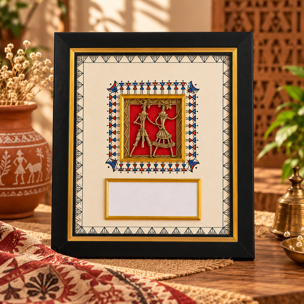 Customizable Dokra-inspired tribal art frame by Kalavan for bulk corporate gifting, featuring a black-and-gold frame and space for company logo or event branding.