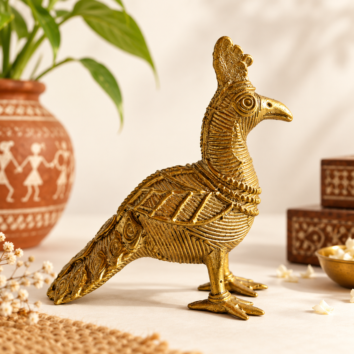 Dokra-inspired golden peacock figurine with intricate feather patterns and traditional detailing, displayed against a warm cream background by Kalavan.
