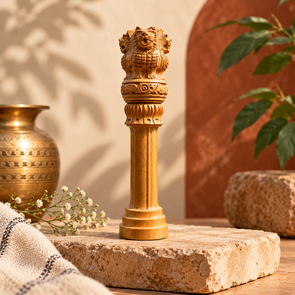 Handcrafted wooden Ashoka Lion Pillar with intricate Indian carvings and a tiered base, displayed as traditional Indian home décor.