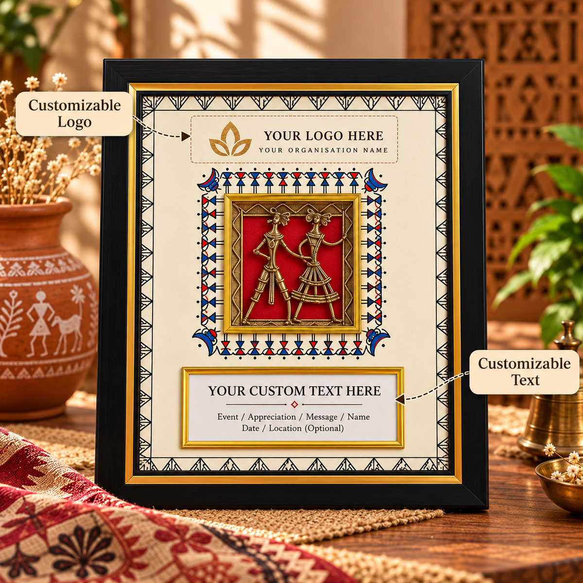 Customizable Dokra-inspired tribal art frame by Kalavan for bulk corporate gifting, featuring a black-and-gold frame and space for company logo or event branding.