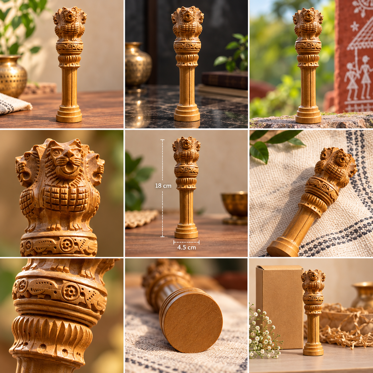 Handcrafted wooden Ashoka Lion Pillar with intricate Indian carvings and a tiered base, displayed as traditional Indian home décor.