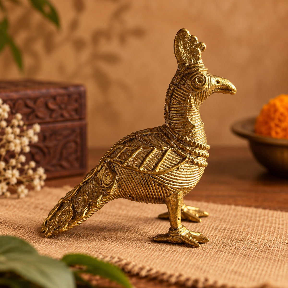Dokra-inspired golden peacock figurine with intricate feather patterns and traditional detailing, displayed against a warm cream background by Kalavan.